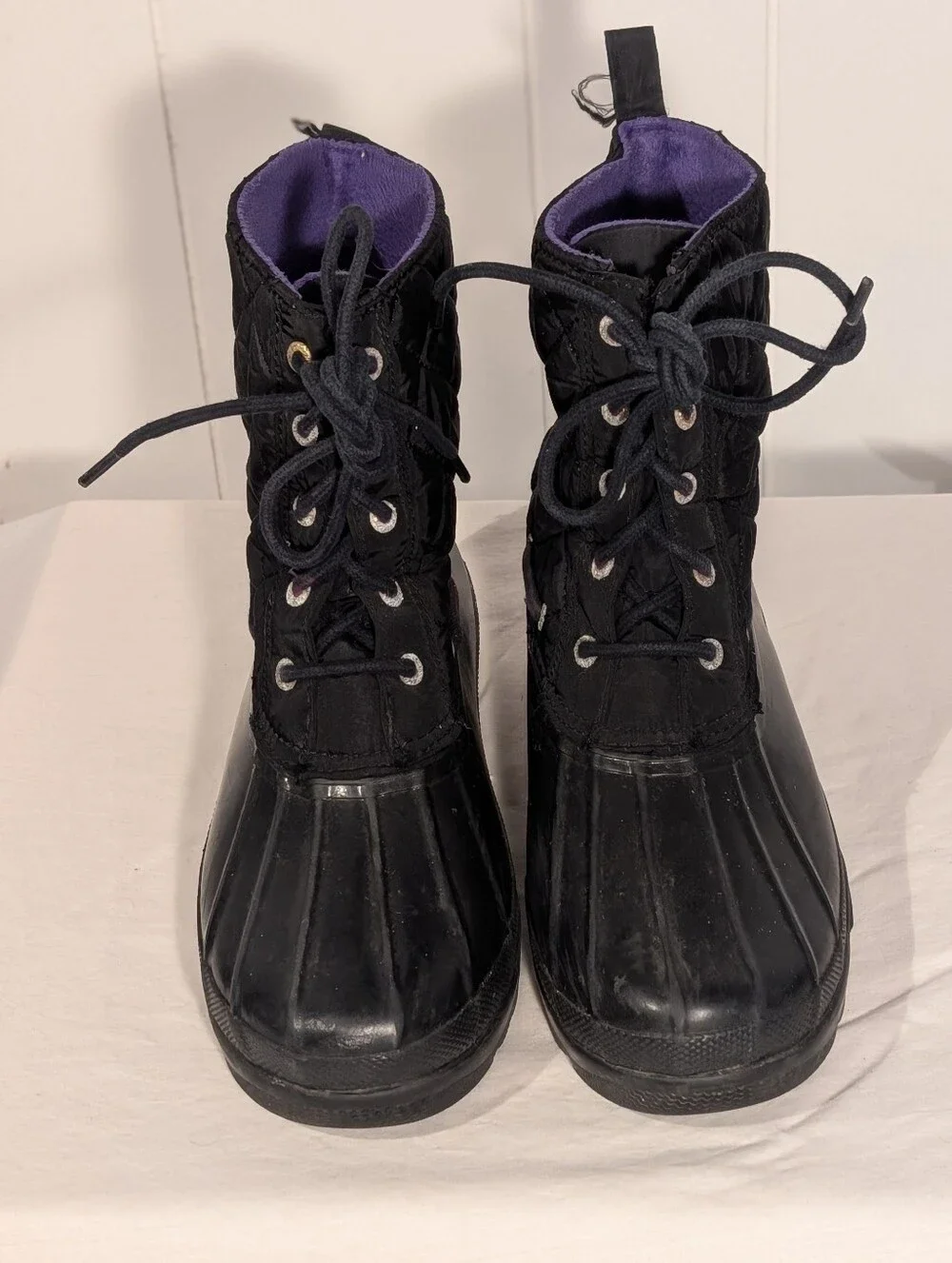 Sperry Black Quilted Duck Boots with Purple Lining